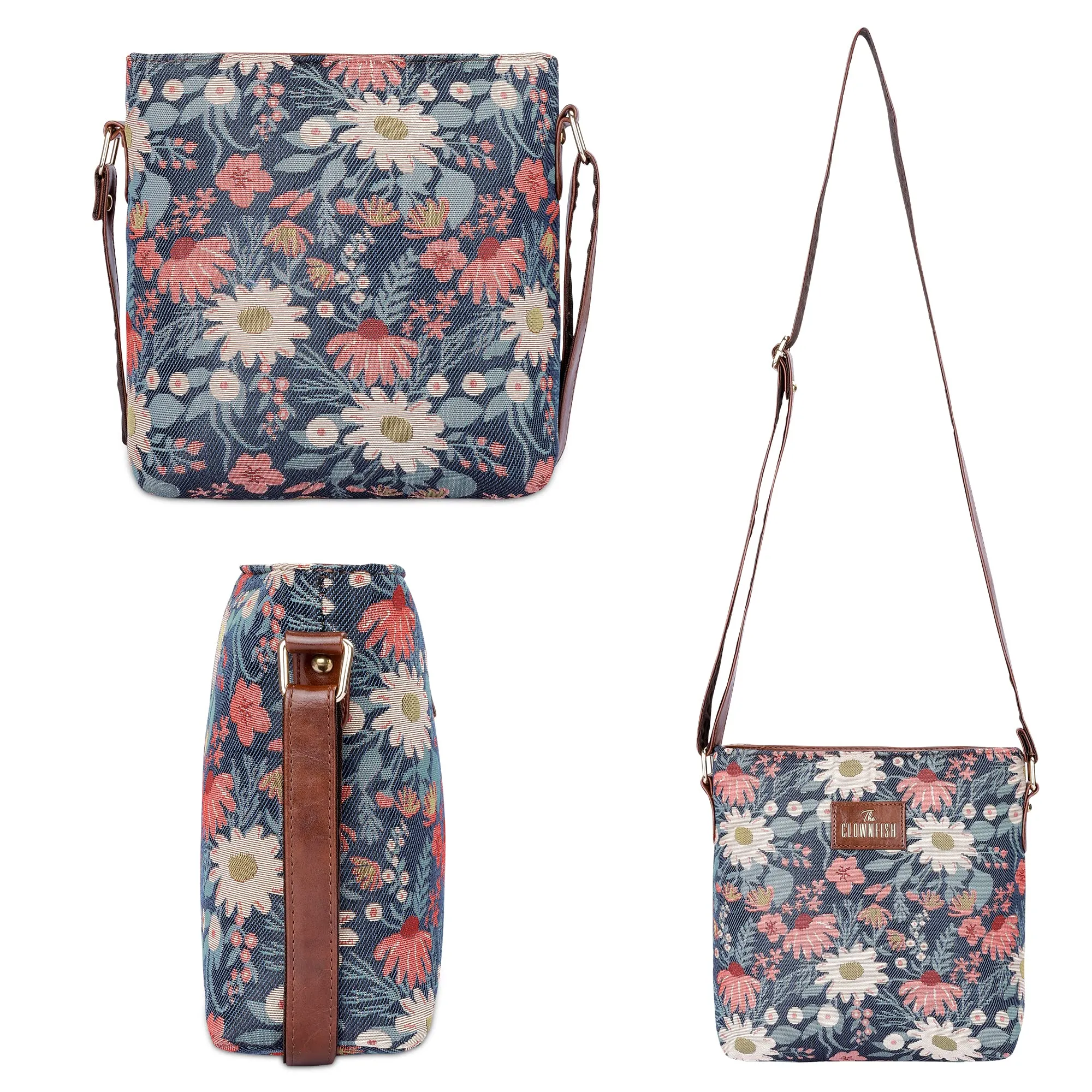 THE CLOWNFISH Combo of Linda Series Sling for Women Crossbody Bag for College Girls Lorna Tapestry Fabric & Faux Leather Handbag Sling Bag for Women (Purple-Floral)