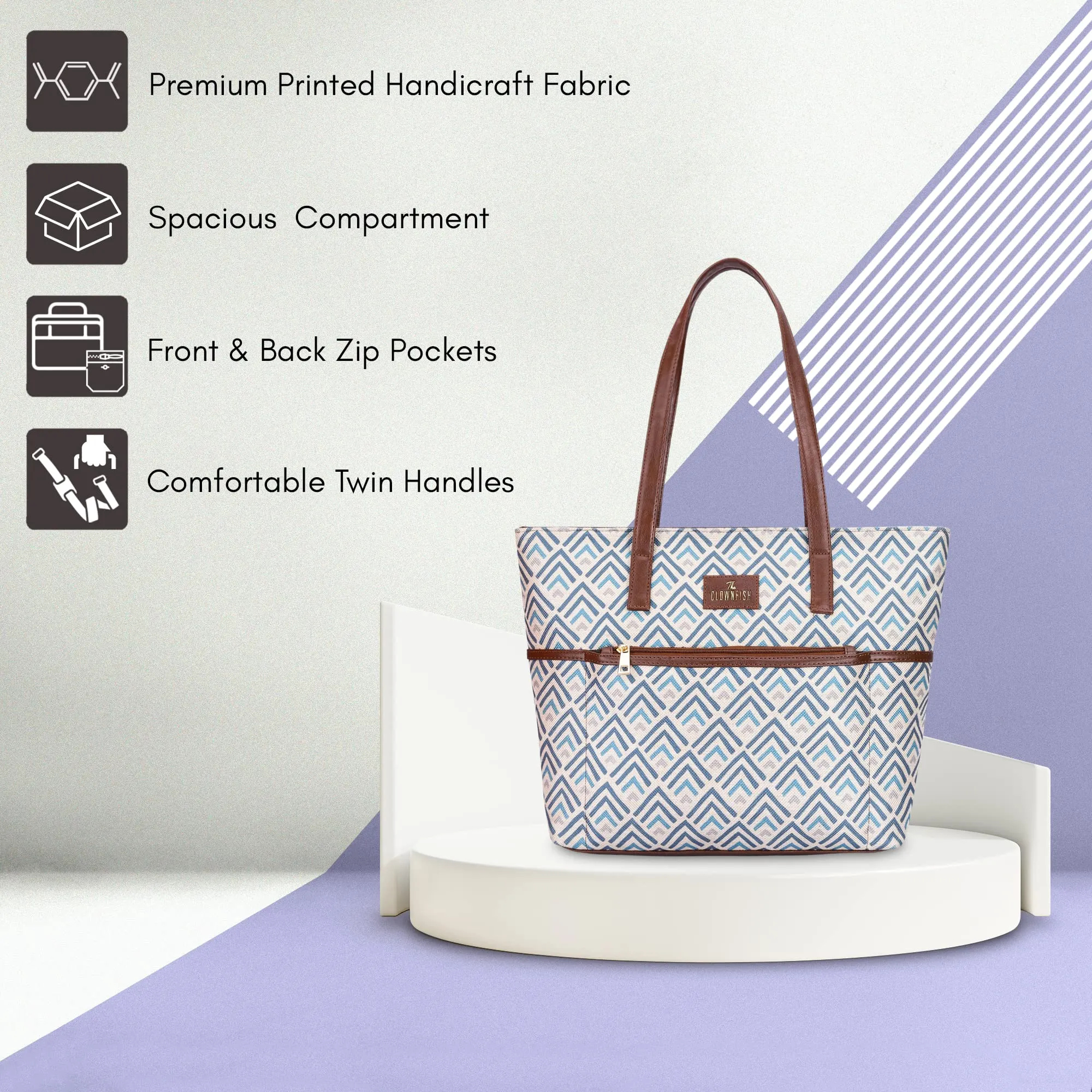 THE CLOWNFISH Concetta Printed Handicraft Fabric & Faux Leather Handbag for Women Office Bag Ladies Shoulder Bag Tote For Women College Girls (White)