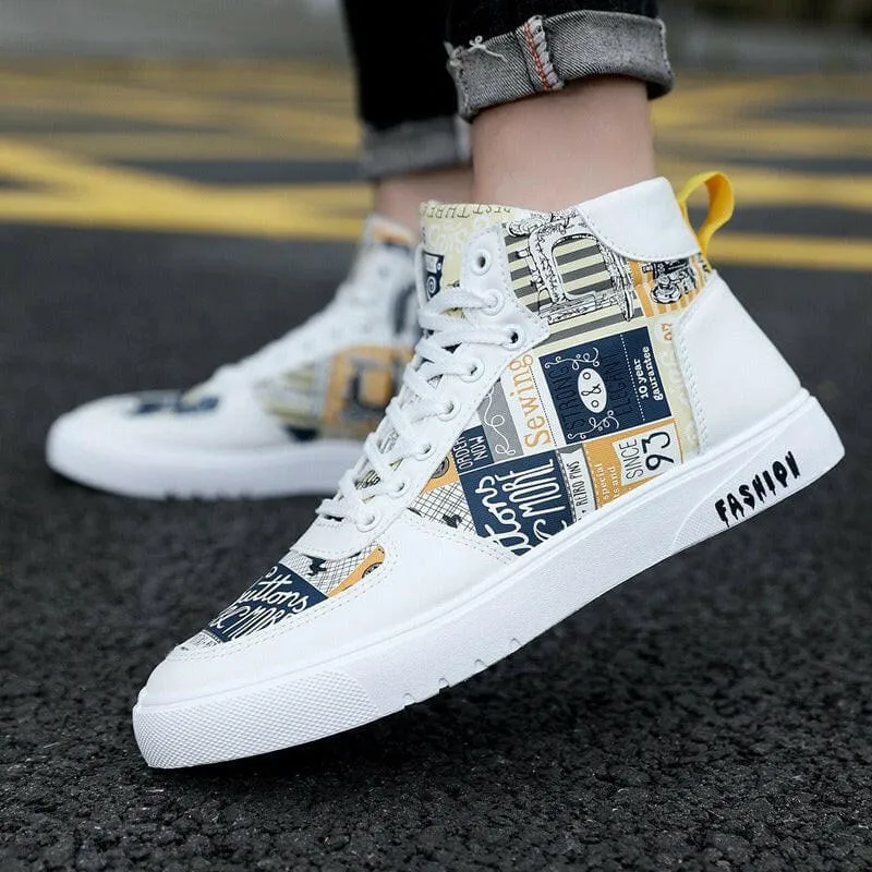 Trendy Mens Graffiti High Top Casual Sports Shoes in White and Colorful Print