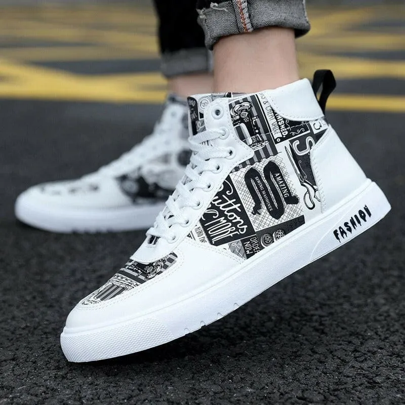 Trendy Mens Graffiti High Top Casual Sports Shoes in White and Colorful Print