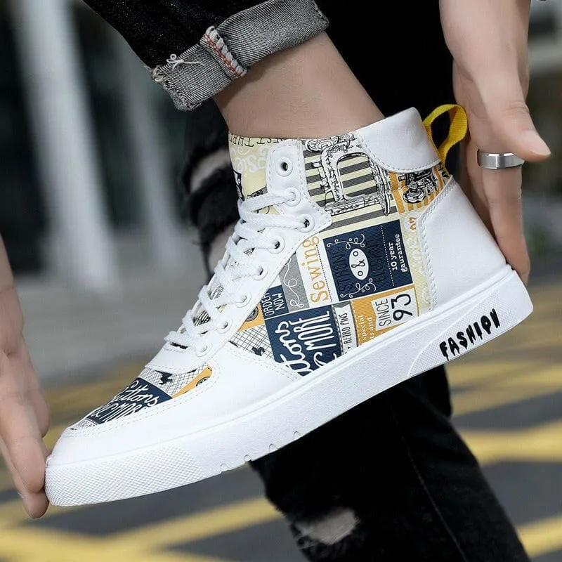 Trendy Mens Graffiti High Top Casual Sports Shoes in White and Colorful Print