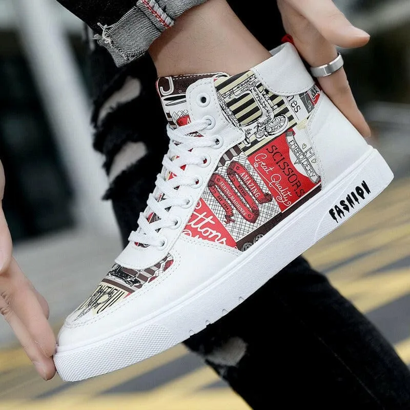 Trendy Mens Graffiti High Top Casual Sports Shoes in White and Colorful Print