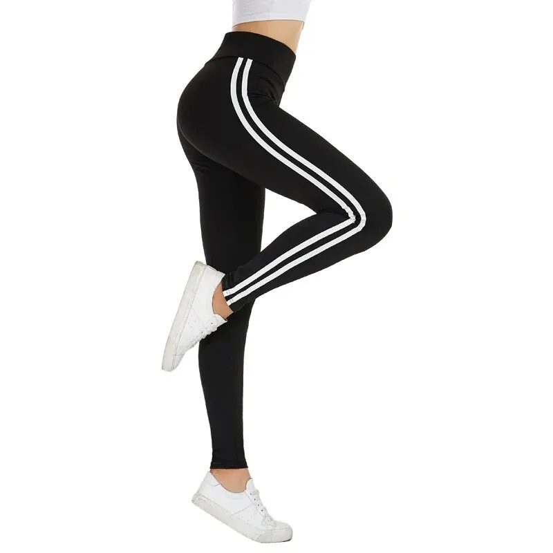 Women Two Side White Stripes Skinny Leggings