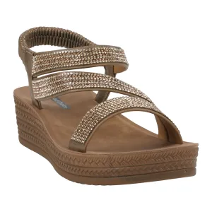 Women's Ruby Gold Embellished Cross Strap Wedge Sandals