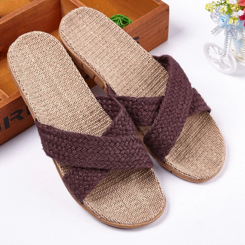 Woven Hemp Sandals With Cross Straps - Women's Non-slip Flat Shoes With Straw Holes - Linen Slippers Casual Beach Slippers - Unisex Comfy