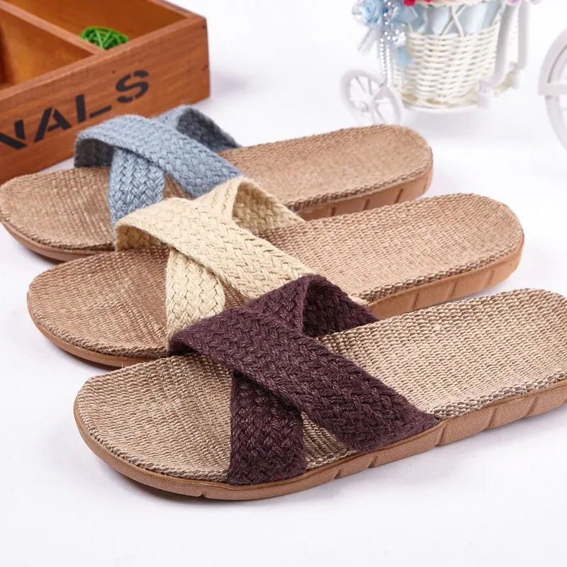 Woven Hemp Sandals With Cross Straps - Women's Non-slip Flat Shoes With Straw Holes - Linen Slippers Casual Beach Slippers - Unisex Comfy