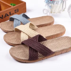 Woven Hemp Sandals With Cross Straps - Women's Non-slip Flat Shoes With Straw Holes - Linen Slippers Casual Beach Slippers - Unisex Comfy