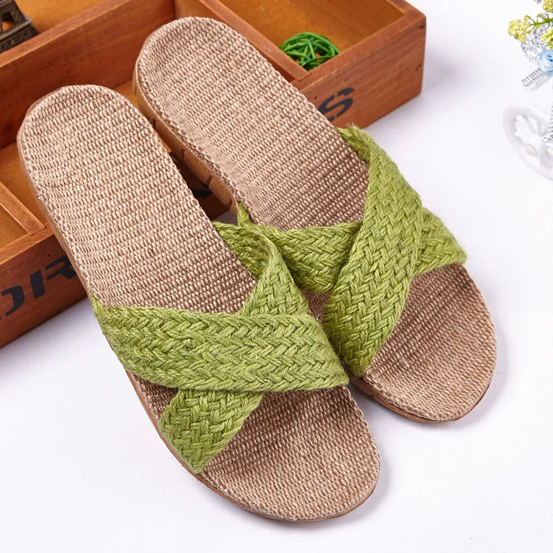 Woven Hemp Sandals With Cross Straps - Women's Non-slip Flat Shoes With Straw Holes - Linen Slippers Casual Beach Slippers - Unisex Comfy