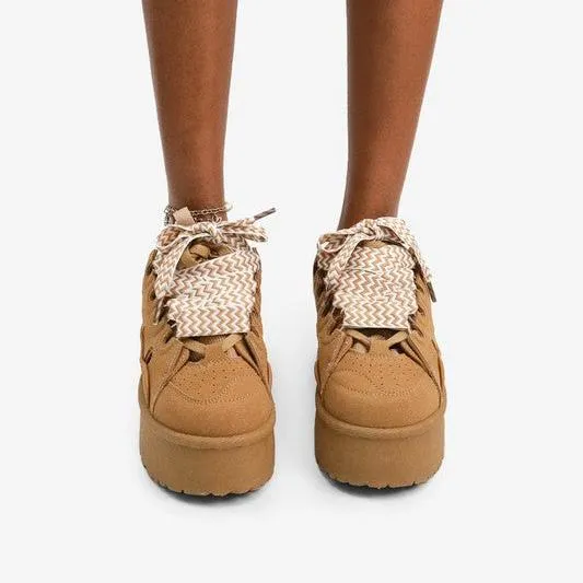 ZADE Chestnut Tan Faux Suede Platform Sneaker - Low Top - Lace Up